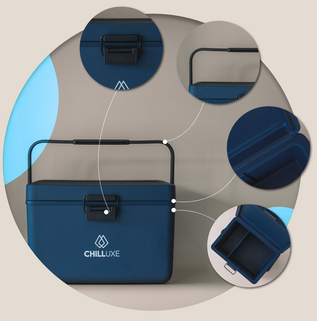 Chilluxe Blue Cooler Box with Detailed Features - Durable, Portable, and Monkey-Proof Design with Secure Latch and Spacious Interior, Perfect for Outdoor Adventures and School Lunches.